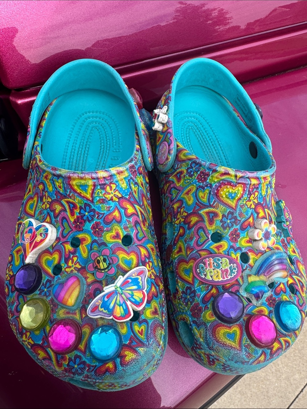 CROCS Kids Clogs in Turquoise with Rainbow Heart Pattern